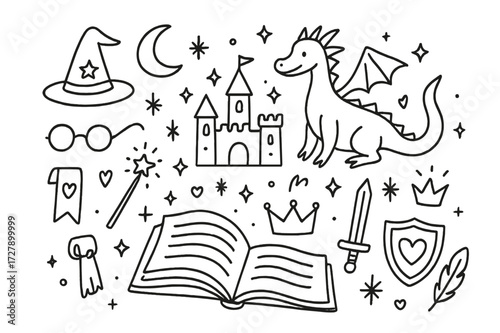 Fantasy Book Doodles. Hand-drawn doodle illustration Fantasy reading open book, dragon, castle, stars, moon, wand, wizard hat, glasses, bookmark, sword, magic