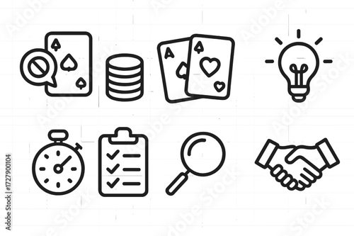 Poker Strategy Icons. Outline icon set of poker strategies: bluff, chip stack, cards, light bulb, timer, checklist, magnifying glass, handshake. Line icons in