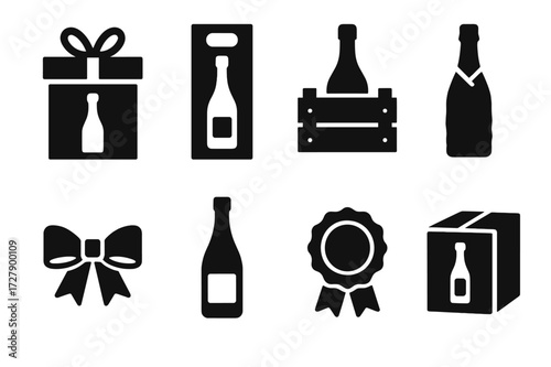 Champagne Packaging Icons. Solid, filled icon set of champagne packaging: gift box, bottle bag, wooden crate, foil wrap, ribbon, label, seal, shipping box.