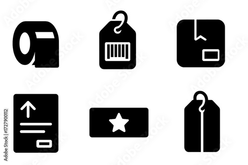 Banderol Icon Set. Solid, filled icon set of product banderol: adhesive strip, barcode tag, parcel label, sealed banderol, shipping sticker, package band,