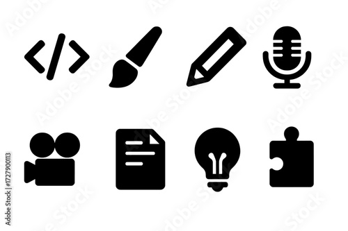 Freelance Skill Icons. Solid, filled icon set of freelance skill sets: code, paintbrush, pencil, microphone, video camera, document, light bulb, puzzle piece.