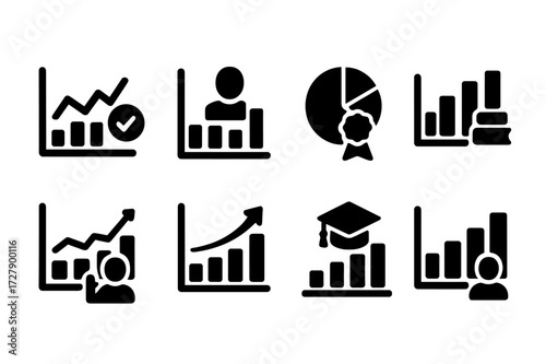 Education Graph Icon Set. Solid, filled icon set of education graphs: test scores graph, attendance chart, grade distribution, study hours graph, class