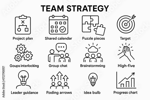 Team Strategy Icons. Team strategy. Line icon set of team strategy: project plan, shared calendar, puzzle pieces, target board, gears interlocking, group chat,