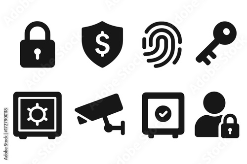 Financial Security Icons. Solid, filled icon set of financial security: lock, shield with dollar, fingerprint ID, encryption key, vault, surveillance camera,