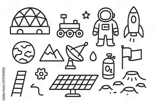 Mars Colony Doodle. Hand-drawn doodle illustration Mars colony habitat dome, rover, astronaut, rocket, solar panel, satellite dish, gear, ladder, crater,