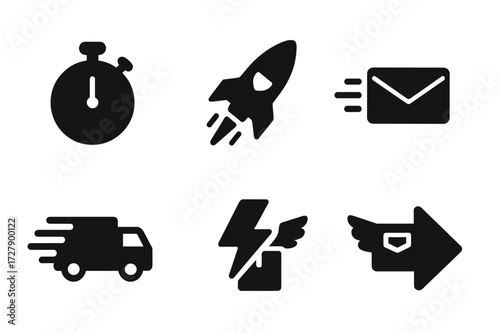 Express Delivery Icons. Solid, filled icon set of express delivery: stopwatch, fast forward, rocket delivery, urgent mail, delivery truck with speed lines,