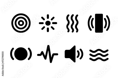Vibration Effect Icons. Solid, filled icon set of vibration effects: ripple, shockwave, oscillation, tremor, resonance, pulse, hum, wave pattern. Solid, filled