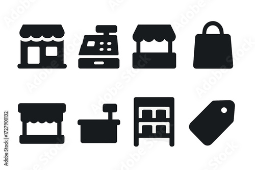 Market Infrastructure Icons. Solid, filled icon set of market infrastructure: storefront, cash register, market stall, shopping bag, awning, checkout counter,
