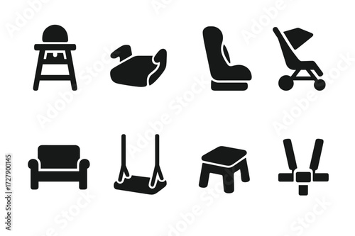 Child Seating Icon Set. Solid, filled icon set of child seating: baby high chair, booster seat, car seat, stroller seat, child bench, swing seat, toddler