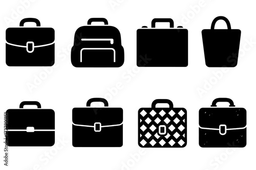 Briefcase Icon Grid. Solid, filled icon set of briefcase styles: classic leather, modern nylon, hard case, soft tote, minimalist design, executive style,