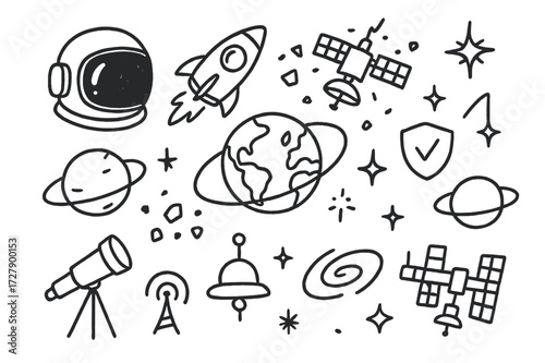 Space Exploration Doodles. Hand-drawn doodle illustration Orbital safety astronaut helmet, rocket, satellite, Earth, orbit path, fragments, star, spark,
