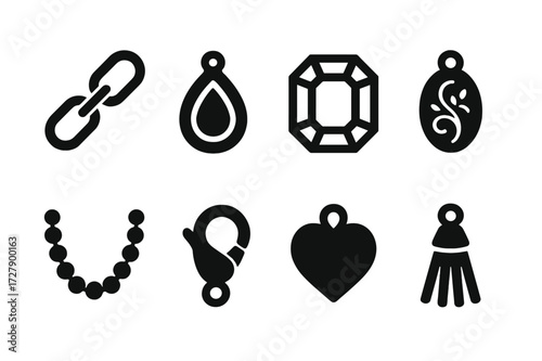 Necklace Design Icons. Solid, filled icon set of necklace design elements: chain link, pendant setting, gemstone cut, engraving, bead string, clasp detail,