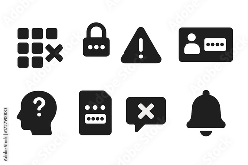 PIN Error Icons. Solid, filled icon set of PIN errors: incorrect code, lockout, warning triangle, failed login, forgot PIN, reset option, error message, alert