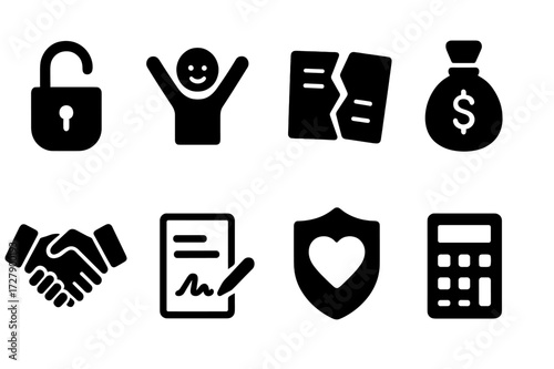 Financial Freedom Icons. Solid, filled icon set of financial freedom: open lock, happy person, debt document torn, money bag, handshake, contract signed,
