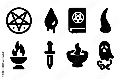 Evil Ritual Icons. Solid, filled icon set of evil summoning rituals: summoning circle, blood rune, dark tome, demon horn, flame brazier, ritual dagger,