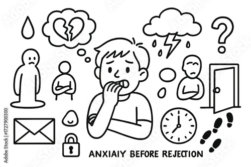 Anxiety Before Rejection. Hand-drawn doodle illustration Anxiety before rejection Person biting nails, thought bubble, broken heart, shadow, cloud, sweat drop,