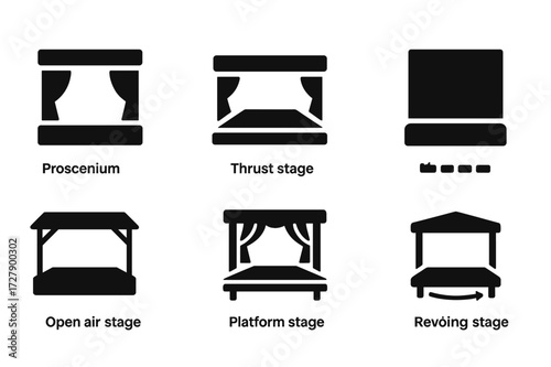 Stage Icons Grid. Solid, filled icon set of stage types: proscenium stage, thrust stage, arena stage, black box theater, open air stage, catwalk stage,