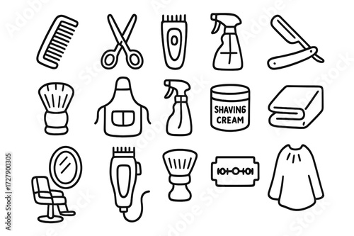 Barber Tools Doodle. Hand-drawn doodle illustration [Barber and grooming set] [comb, scissors, electric trimmer, straight razor, brush, apron, spray bottle,