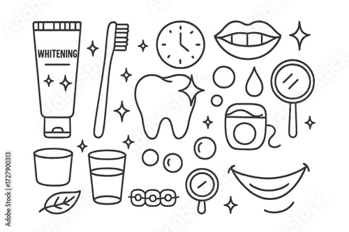 Oral Care Doodle Art. Hand-drawn doodle illustration Whitening toothpaste toothpaste tube, toothbrush, sparkling tooth, lips, mouth, star sparkle, clock, water