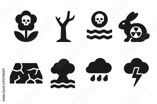 Nature Hazard Icons. Solid, filled icon set of forbidden zone nature hazards: toxic plants, dead trees, contaminated water, radioactive animals, scorched