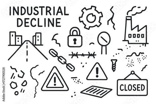 Industrial Decline Doodle. Hand-drawn doodle illustration [Industrial decline] [factory, broken gear, crack, empty street, padlock, smokestack, no entry,