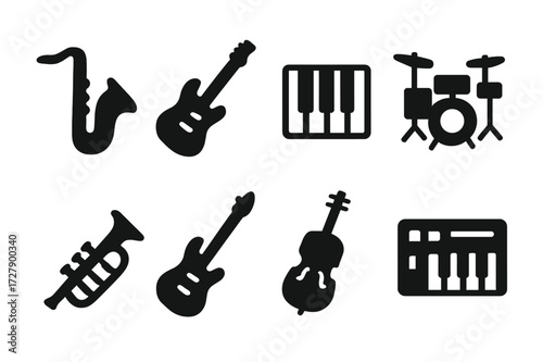 Black Instrument Icons. Solid, filled icon set of improvisation instruments: saxophone, electric guitar, piano, drum kit, trumpet, bass guitar, violin,