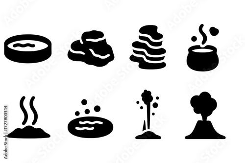 Geothermal Phenomena Icons. Solid, filled icon set of natural geothermal phenomena: hot spring pool, mineral deposits, silica terraces, mud pot,