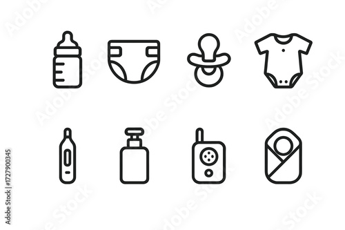 Newborn Care Icons. Outline icon set of newborn care: baby bottle, diaper, pacifier, baby clothes, thermometer, lotion, baby monitor, blanket. Line icons in