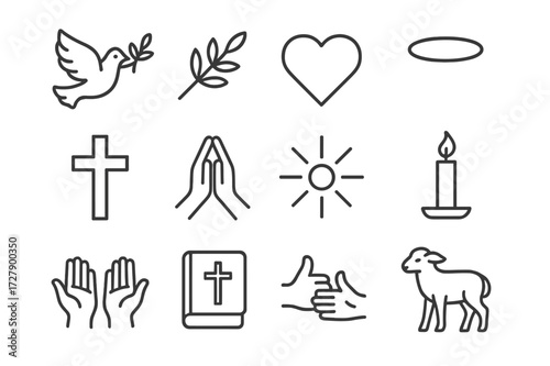 Iconic Peace Symbols. Peace. Line icon set of peace: dove, olive branch, heart, halo, cross, praying hands, light rays, candle, open hands, Bible, forgiveness