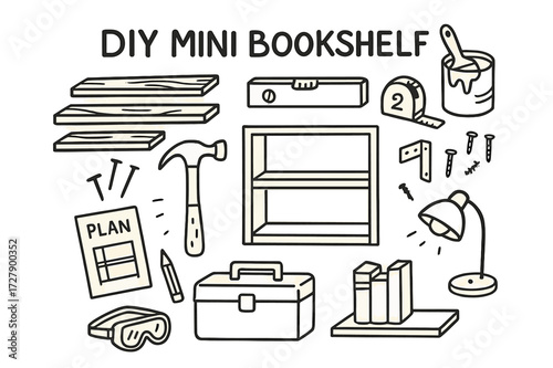 DIY Bookshelf Doodle. Hand-drawn doodle illustration DIY mini bookshelf setup [wooden planks, hammer, nails, paint can, tape measure, brackets, screws, level,