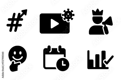 Social Media Icon Set. Solid, filled icon set of social media trends: trending hashtag, viral video, meme, influencer, live broadcast, breaking news, event