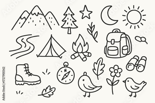 Mountain Adventure Doodles. Hand-drawn doodle illustration mountain retreat mountain, tree, river, tent, campfire, star, moon, sun, boots, compass, backpack,