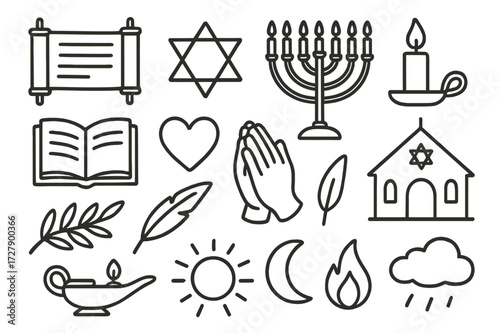 Jewish Symbols Doodle. Hand-drawn doodle illustration Torah scroll, star of david, menorah, candle, open book, feather quill, synagogue, heart, prayer hands,