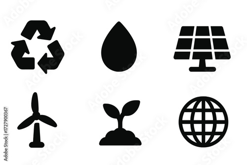 Sustainable Icons Grid. Solid, filled icon set of organic bean sustainability: recycle symbol, leaf, water drop, solar panel, wind turbine, farm tractor,