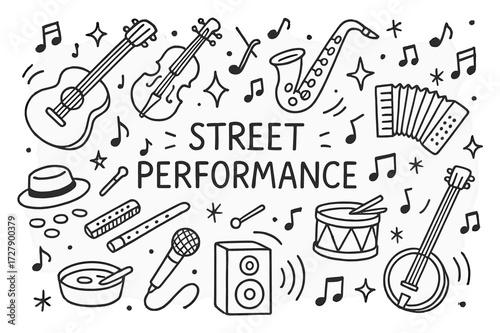 Street Music Doodle. Hand-drawn doodle illustration Street Performance [guitar, violin, saxophone, drum, hat, coins, microphone, speaker, sparkle, star, music