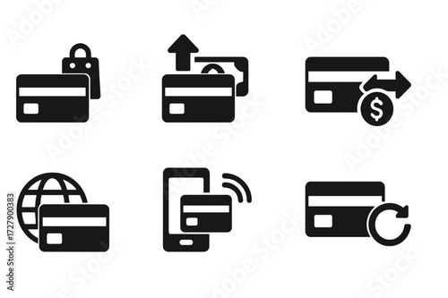 Debit Card Icon Set. Solid, filled icon set of debit card transactions: purchase, cash withdrawal, balance inquiry, fund transfer, online payment,