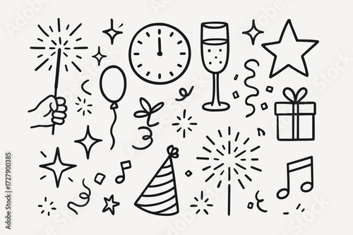 New Year Doodle Icons. Hand-drawn doodle illustration New Year Sparklers [sparkler, clock, champagne glass, star, sparkle, burst, balloon, ribbon, confetti,