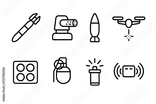 Drone Weapons Icon Set. Outline icon set of drone weapons: guided missile, machine gun turret, bomb, laser designator, rocket launcher, grenade, flare, sensor