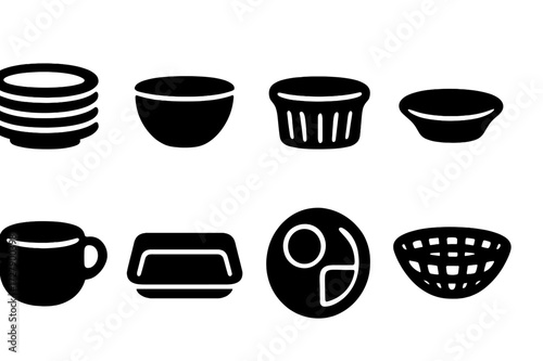 Black Dishware Icons. Solid, filled icon set of restaurant dishware: stack of plates, commercial bowl, ramekin, condiment dish, soup cup, metal tray, cafeteria