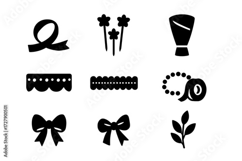 Floral Accessories Icons. Solid, filled icon set of floral accessories: satin ribbon, decorative pins, bouquet wrap, lace trim, pearl string, floral tape, bow