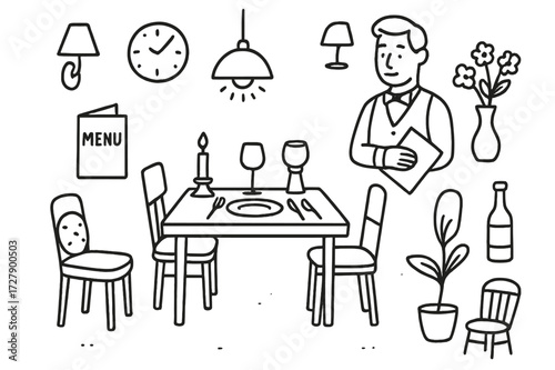 Restaurant Doodle Icons. Hand-drawn doodle illustration [Restaurant ambiance] [table, chairs, candle, wine glass, plate, cutlery, menu, lamp, vase with