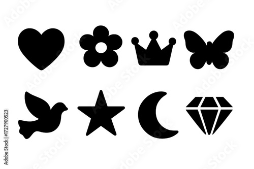 Black Lady Icons. Solid, filled icon set of lady symbols: heart, flower, crown, butterfly, dove, star, moon, diamond. Solid, filled icons in only black color.