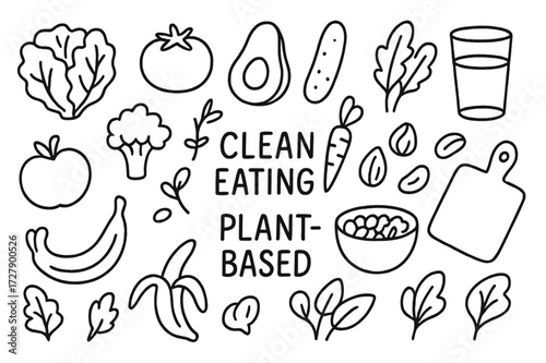 Plant-Based Diet Icons. Hand-drawn doodle illustration clean eating and plant-based diets lettuce, tomato, avocado, cucumber, carrot, broccoli, apple, banana,