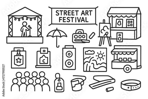 Street Art Festival Icons. Hand-drawn doodle illustration [street art festival] stage, artist booth, crowd, canvas, mural wall, speaker, paint booth, food
