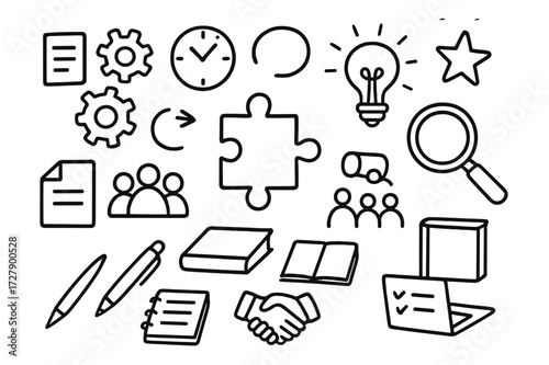 Problem Solving Elements. Hand-drawn doodle illustration problem solving puzzle piece, magnifying glass, gears, light bulb, document, star, clock, arrows,