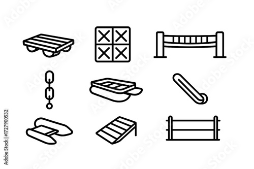 Pontoon Icon Set. Outline icon set of pontoon: floating dock, modular platform, pontoon boat, bridge section, anchoring chain, inflatable pontoon, ramp, safety