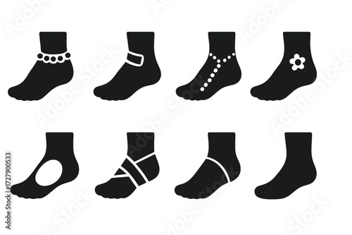 Foot Accessories Icons. Solid, filled icon set of feet accessories: anklet, toe ring, foot chain, foot tattoo, foot pad, bandage, foot sleeve, compression