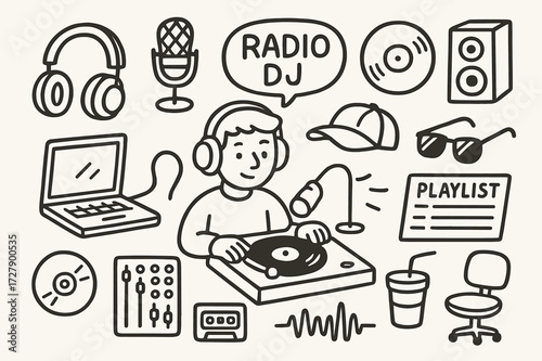Radio DJ Essentials. Hand-drawn doodle illustration Radio DJ turntable, vinyl record, headphones, microphone, speakers, laptop, sound mixer, playlist sheet,