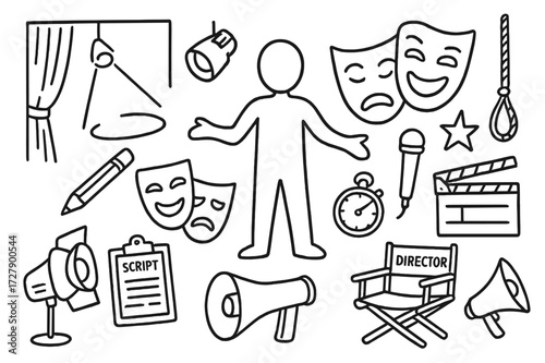Theatre Doodle Icons. Hand-drawn doodle illustration Theatre workshop actor figure, masks comedy and tragedy, spotlight, curtain, pencil, script, clipboard,