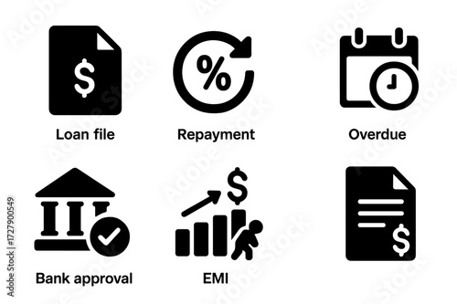 Loan Interest Icon Set. Solid, filled icon set of interest on loans: loan file, repayment icon, interest rate symbol, overdue sign, bank approval, EMI chart,